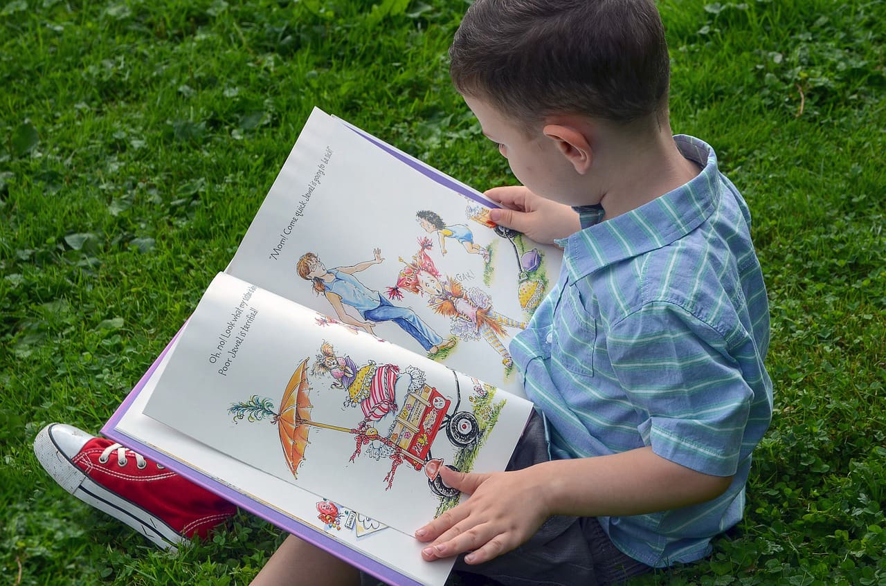 a little boy looking at the pictures in a book